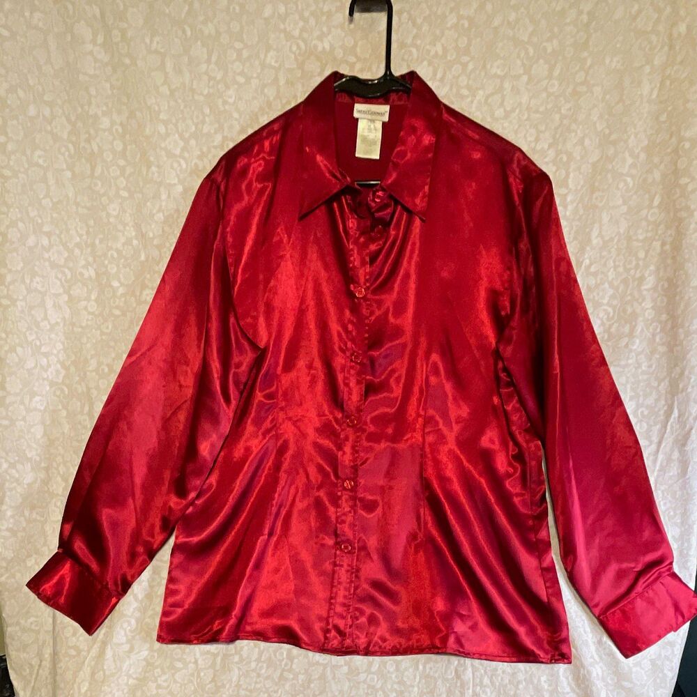 Sarah Chapman Women's Red Satin Button-Front Collared Long Sleeve Top 14